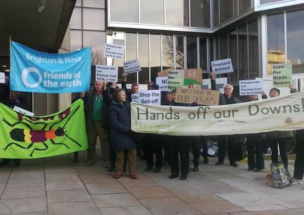 Protest against Brighton and Hove City Council's sale of two downland farms (photo by Brenda Pollack)