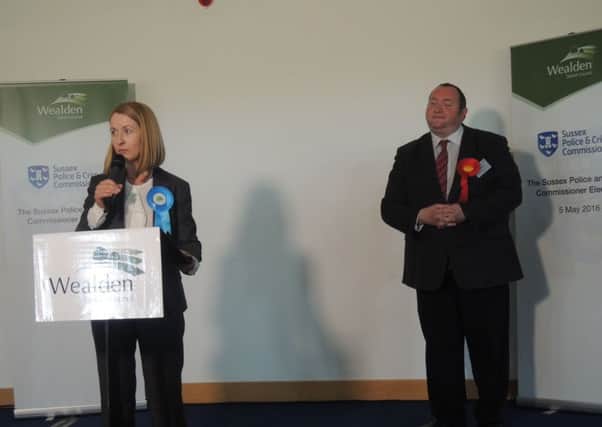 Katy Bourne at last year's election count with Michael Jones. The Labour runner up attempted to veto her plans for a council tax rise at a Sussex Police and Crime Panel meeting