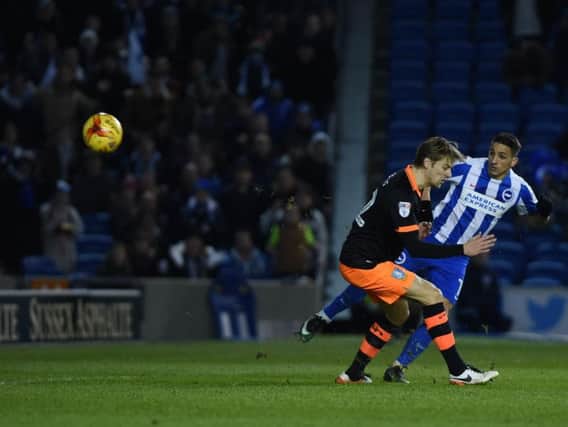Anthony Knockaert fires Albion into the lead. Picture by Phil Westlake (PW Sporting Photography).