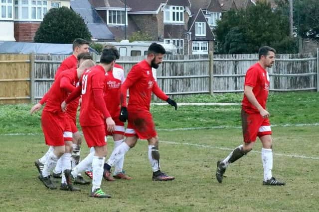 Pirates celebrate a goal / Picture by Roger Smith