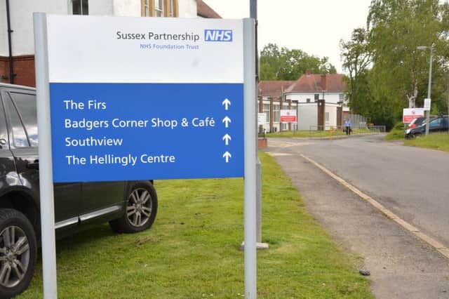 Sussex Partnership NHS Foundation Trust premises at Hellingly. Sign showing The Firs, Badgers Corner Shop & Cafe, Southview and The Hellingly Centre.

June 3rd 2015 SC030615002 SUS-150406-110326001