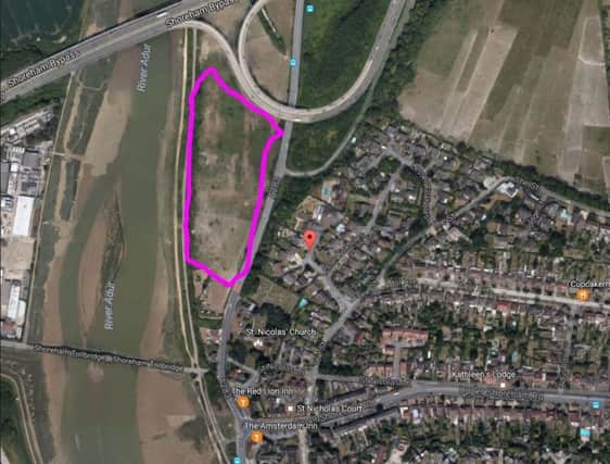 The area in purple earmarked for the building of 52 dwellings south west of the Shoreham flyover