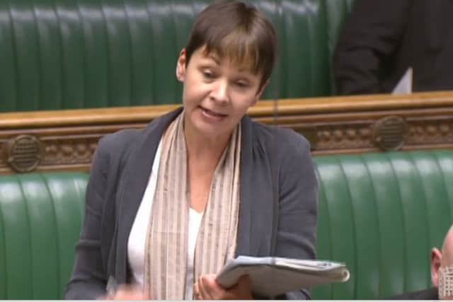 Caroline Lucas, Brighton Pavilion MP, speaking about Trident in the House of Commons (photo from Parliament.tv).