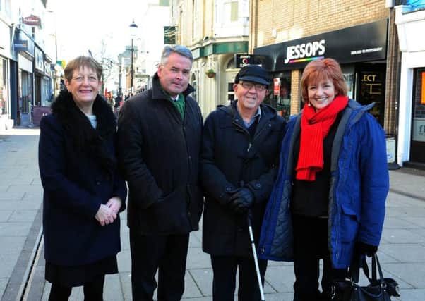 Frances Pritchard, from Worthing Society of the Blind, MP Tim Loughton, Barry Smith and Terri Dowty, South East regional campaign officer