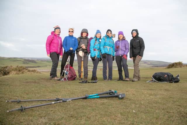 Seven members of the team on a training walk. From left, Carine Roberts, Vicky Whelan, Linda Salter, Cathy Dooris, Angus Smith, Valarie Williams and Tammy Trauntner