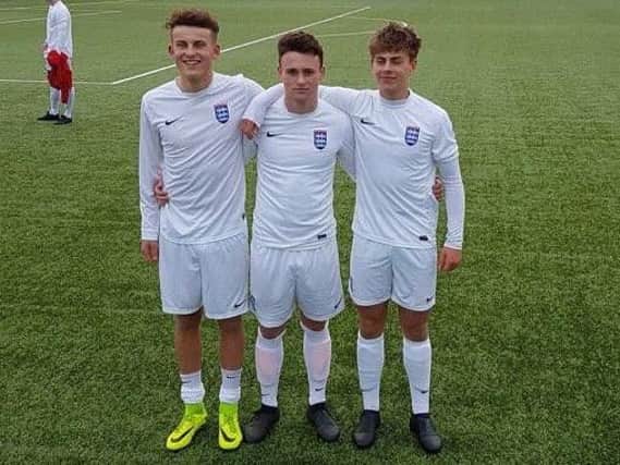 Luke Brodie (left), Charlie Williamson (centre) and Fintan Walsh (left) in England Colleges colours