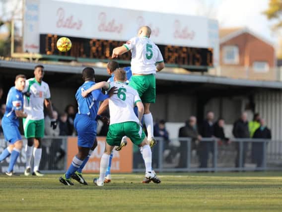 Sami El-Abd sends in a header against Grays / Picture by Tim Hale