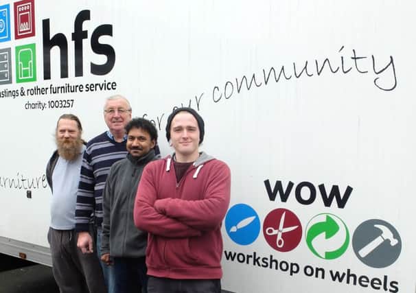 Ron Hall, HFS Workshop Tutor (2nd from left) with Adam Donovan Warehouse Assistant and hfs volunteers James Flack and Ruban Shanmuganathan SUS-170131-124915001
