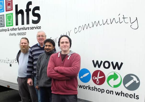 Ron Hall, HFS Workshop Tutor (2nd from left) with Adam Donovan Warehouse Assistant and hfs volunteers James Flack and Ruban Shanmuganathan SUS-170131-124915001