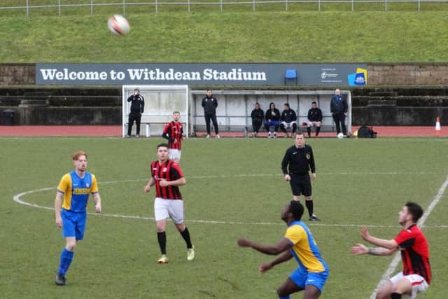 Bexhill United enjoyed a victorious first visit to the Withdean Stadium. Picture courtesy Mark Killy