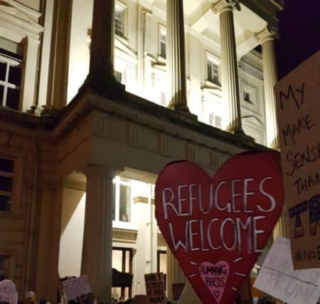 'Refugees welcome' sign at the Brighton Anti-Trump protest