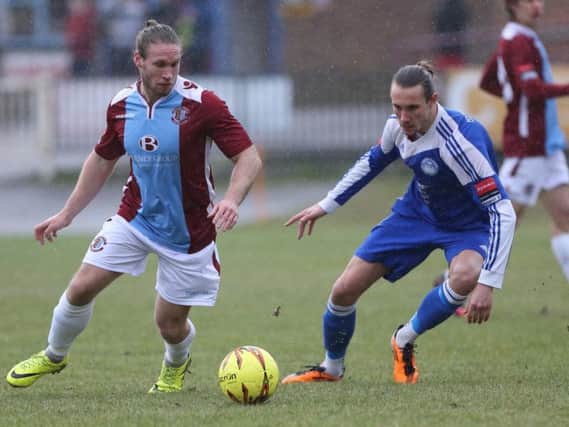 Matt Bodkin on the ball during Hastings United's weekend win over Hythe Town. Picture courtesy Scott White