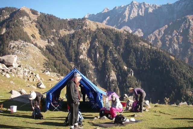 Trekkers camping in the Himalayas
