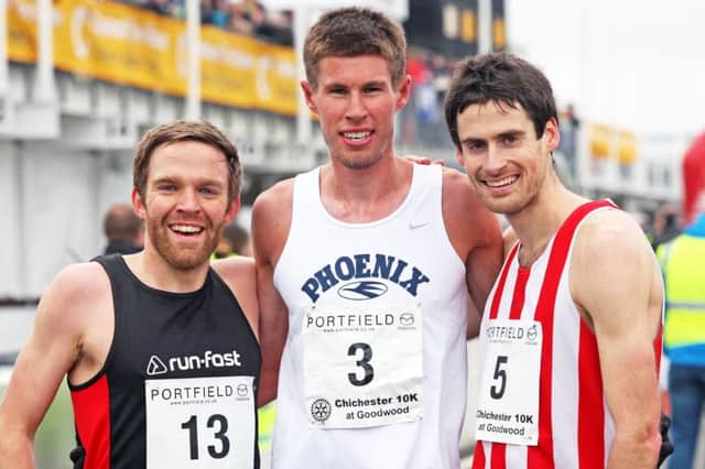 The 2017 Chichester Priory 10k winner Finn McNally (centre), second-placed Alex Wall-Clarke (left) and third-placed Ben Johnson (right). Picture: Derek Martin DM1725183