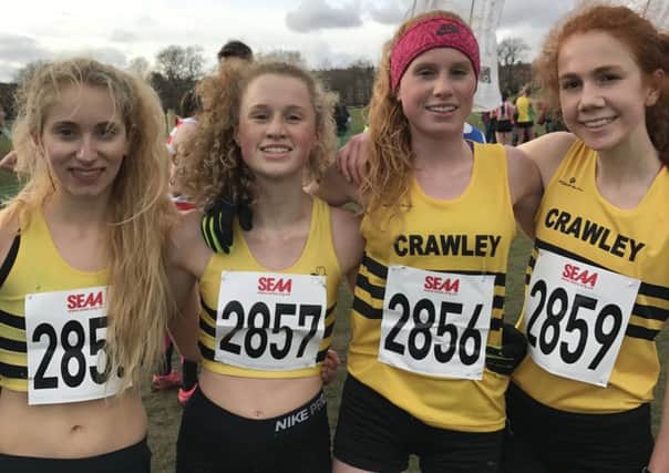 Crawley AC under-20 women's team which won a silver medal at the South of England Cross Country Championships in London. Livvy Dowle, Kennagh Marsh, Soph Dowle and Kathy Peters SUS-170130-143522002