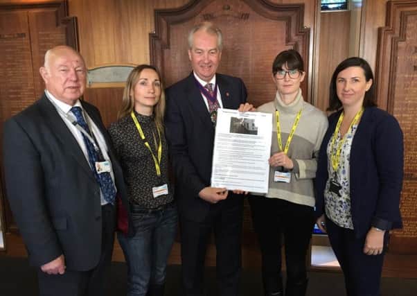 L-R: Cllr John Barnes MBE, Alicja Clarke, Cllr Michael Ensor, Chairman of East Sussex County Council, Lizzie Lawrence, Anna Campbell SUS-170902-093904001