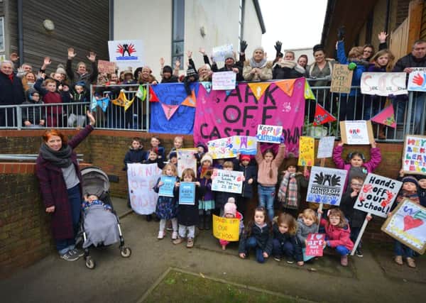 Hands Off Castledown demonstration outside Castledown Primary School, Hastings. SUS-170125-162305001