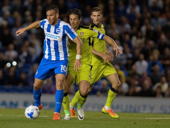 Tomer Hemed scores Albion's goal at Huddersfield. Picture by Phil Westlake (PW Sporting Photography)