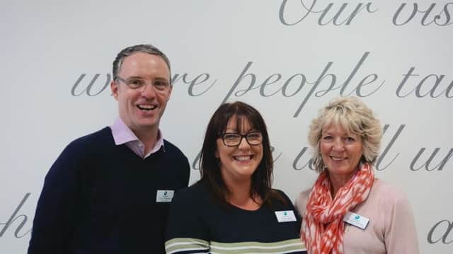 Eirian Levell with St Wilfrids Hospice nursing director Colin Twomey and Jeanette Costello, one of the new clinical nurse specialists SUS-170302-124906001
