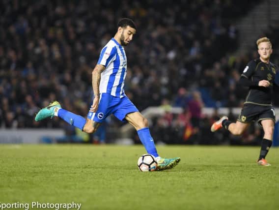 Brighton defender Connor Goldson in action against MK Dons in January. Picture by Phil Westlake (PW Sporting Photography)