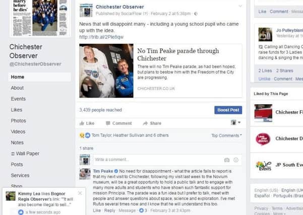 Major Tim Peake confirming his next visit on the Chichester Observer Facebook page