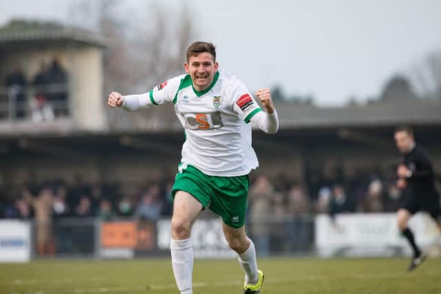 Substitute James Crane celebrates after levelling for Rocks against old rivals Dulwich Hamlet on Saturday. Picture: Tim Hale