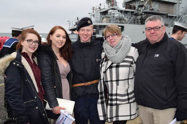 Able Seaman Bradley Alderton was reunited with his family after completing a 13-month mission on board Royal Navy patrol ship HMS Mersey.
