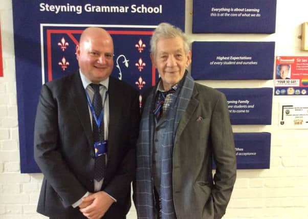 Sir Ian McKellen visited Steyning Grammar School to celebrate equalities and diversity. Pictured alongside school headteacher Nick Wergan. Picture: Steyning Grammar School SUS-170902-135352001