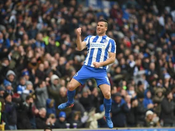 Tomer Hemed leaps in celebration after giving Brighton a first-half lead against Burton Albion. Picture by Phil Westlake (PW Sporting Photograhpy).