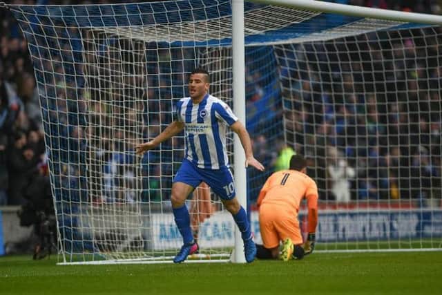 Tomer Hemed wheels away after giving Brighton a first-half lead against Burton Albion. Picture by Phil Westlake (PW Sporting Photograhpy).