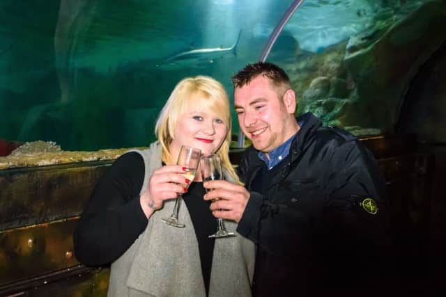 Celebrating in the Tunnel of Love after Shane Rudman surprises his girlfriend Dionne Warren with a romantic proposal at SEALIFE Brighton. (Photograph: Julia Claxton) SUS-170213-153202001