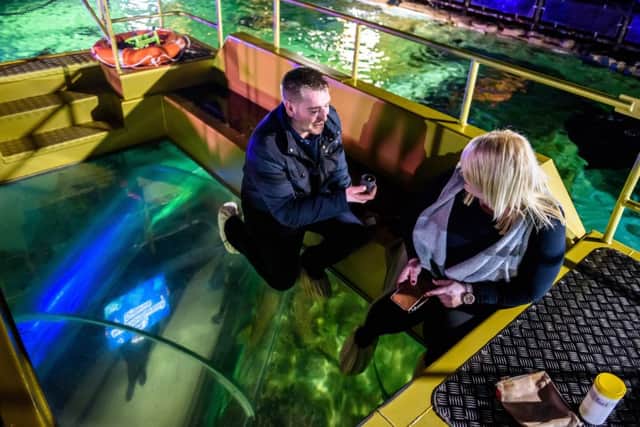 Shane Rudman surprises his girlfriend Dionne Warren with a romantic proposal whilst on a glass bottomed boat ride at SEALIFE Brighton. (Photograph: Julia Claxton) SUS-170213-153216001