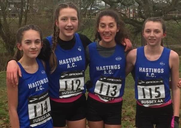 Hastings Athletic Club's under-15 girls, who won team gold in the Sussex Cross-Country League. From left: Hannah Blomfield, Harmony Cooper, Maya Ramnarine, Evie Clements. Pictures courtesy Terry Skelton