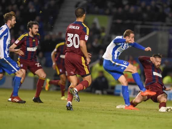 Glenn Murray hits a post late on. Picture by Phil Westlake (PW Sporting Photography)