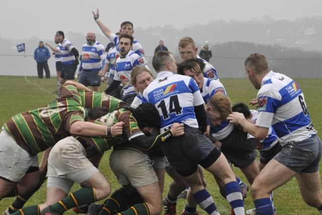 Hastings & Bexhill and Brockleians tussle for possession. Picture courtesy Nigel Baker