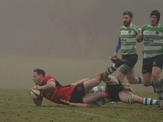 Jack Lucas scoring one of the five tries Heath scored on Saturday at Folkestone. Picture by Tom Burns