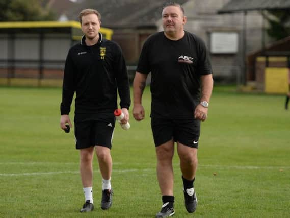 Golds boss Ady Baker (right) was left frustrated following his side's defeat to Lancing on Saturday. Picture: Phil Westlake (PW Sporting Photography)