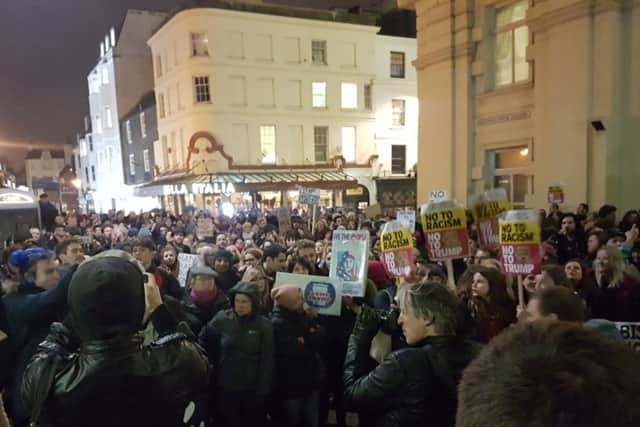 The crowds outside Brighton Town Hall demonstrating against Donald Trump's 'muslim ban'