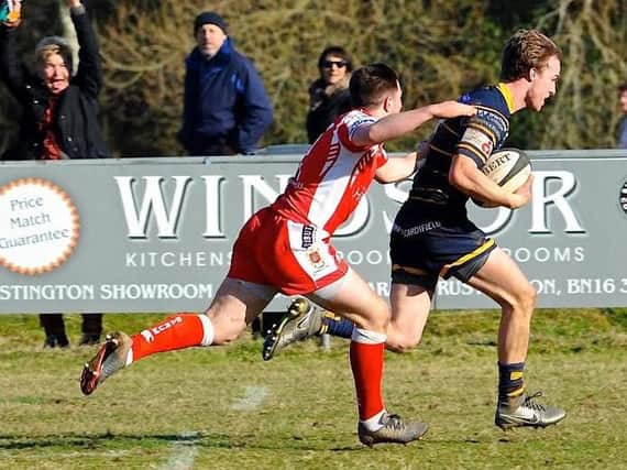 Harry Forrest goes over for Worthing Raiders on Saturday. Picture by Stephen Goodger