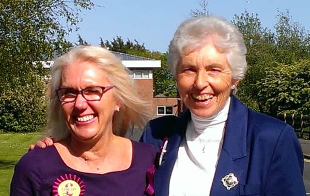 UKIP leader Ann Rapnik, right, with one of the defecting councillors, Vicky Rhodes, has called for by-elections