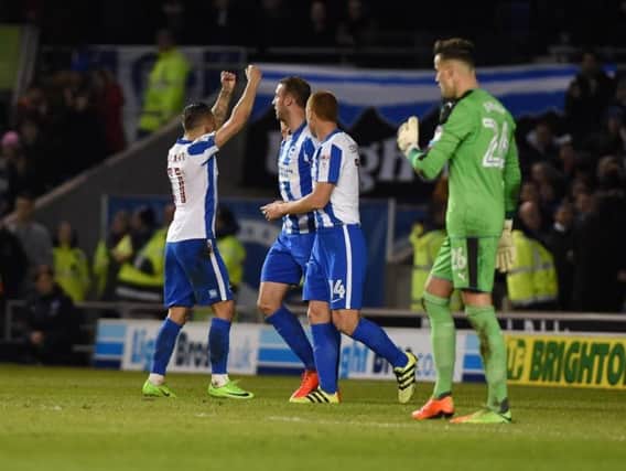Albion celebrate after Glenn Murray put them ahead from the penalty spot against Newcastle United. Picture by PW Sporting Pics