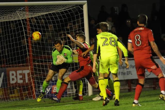 James Collins goes close for Crawley Town in the first half
Picture by Jon Rigby