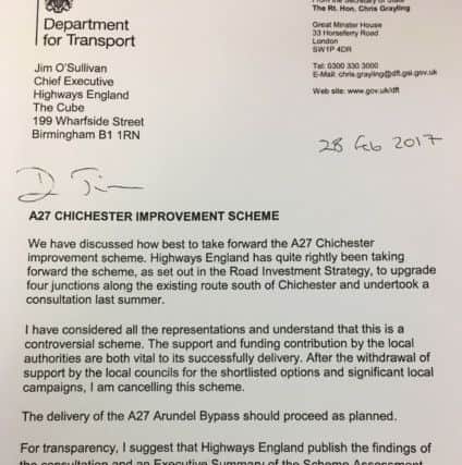 The letter from Chris Grayling to Highways England CEO Jim O'Sullivan cancelling Chichester's scheme