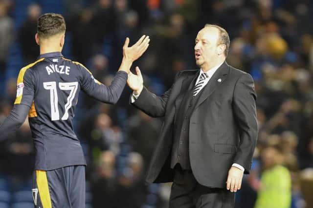 Rafa Benitez congratulates matchwinner Ayoze Perez. Picture by Phil Westlake (PW Sporting Photography)