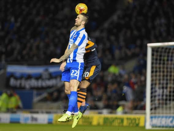 Shane Duffy jumps for a header in last night's game with Newcastle. Picture by Phil Westlake (PW Sporting Photography)
