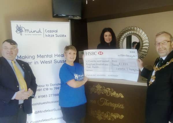 Worthing mayor Sean McDonald and town crier Bob Smytherman supported Laroma Therapies' fundraising event on the day and joined owner Lauren Vaughan for the cheque presentation to Coastal West Sussex Mind