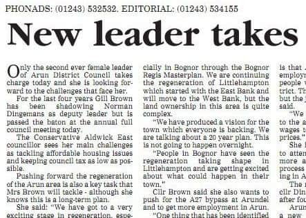 West Sussex Gazette coverage on the day Gill Brown took over as Arun leader in 2006