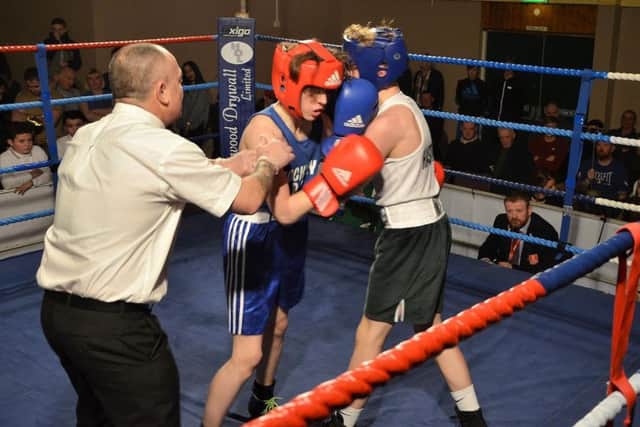 The boxers in one of the junior bouts get slightly tangled up. Picture courtesy Sid Saunders