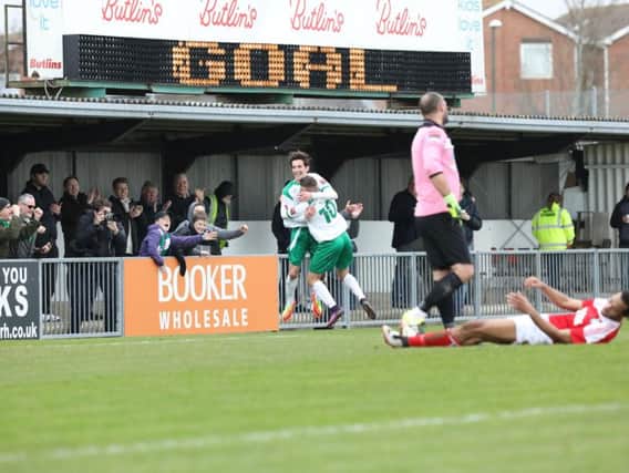 Charlie Moone celebrates after putting Bognor ahead against Leatherhead / Picture by Tim Hale