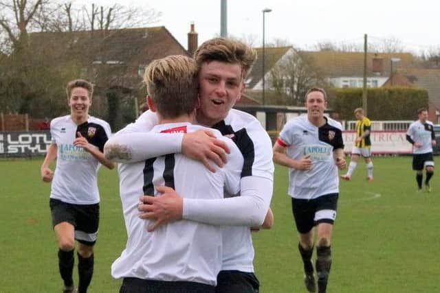Pagham celebrate their first goal versus Loxwood / Picture by Roger Smith